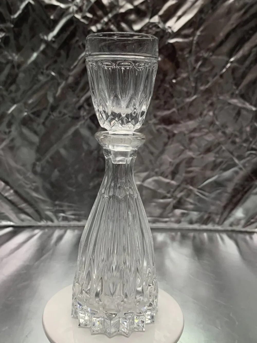 Vintage Crystal Decanter With Cup Stopper Mouthwash Shot Glass Elegant Starburst